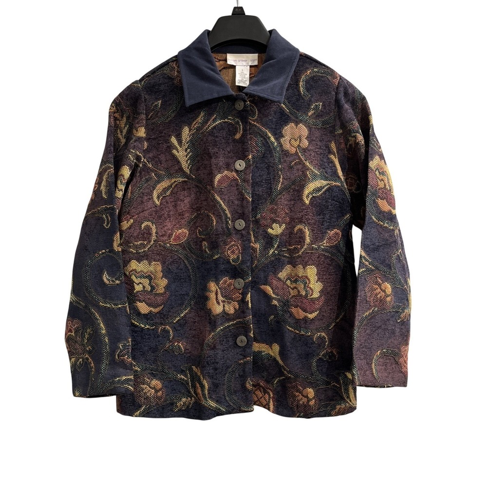 Susan Grave Jacket Blue Tapestry Floral Paisley Blazer Coat Size S Dark Cottage